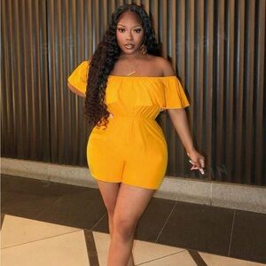 SHEIN Slayr Off-The-Shoulder Orange Women Jumpsuit With Ruffle Trim For Vacation